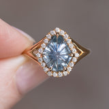 2.34ct Fantasy Cut Carved Shield Montana Sapphire Low Profile Split Shank Halo Ring in 14k Yellow Gold