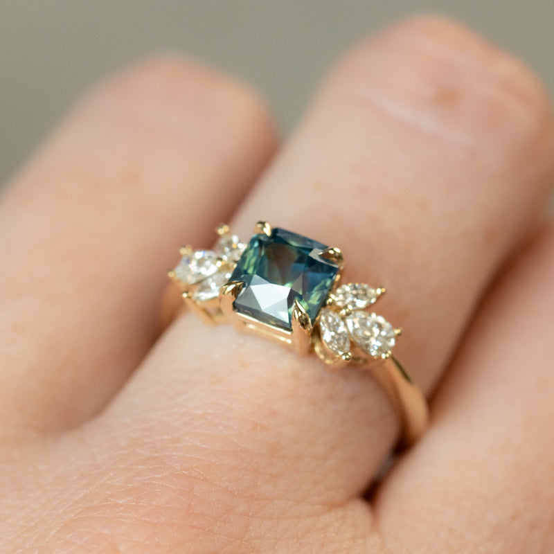 2.03ct Silky Medium Teal Radiant Cut Sapphire and Marquise Diamond Cluster Ring in 14k Yellow Gold