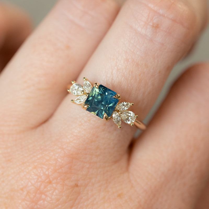 2.03ct Silky Medium Teal Radiant Cut Sapphire and Marquise Diamond Cluster Ring in 14k Yellow Gold