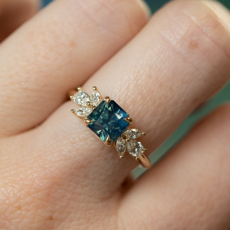 2.03ct Silky Medium Teal Radiant Cut Sapphire and Marquise Diamond Cluster Ring in 14k Yellow Gold