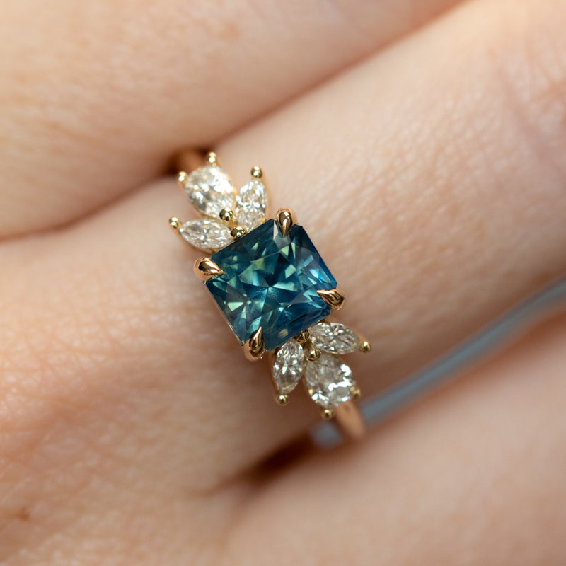 2.03ct Silky Medium Teal Radiant Cut Sapphire and Marquise Diamond Cluster Ring in 14k Yellow Gold