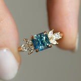 2.03ct Silky Medium Teal Radiant Cut Sapphire and Marquise Diamond Cluster Ring in 14k Yellow Gold