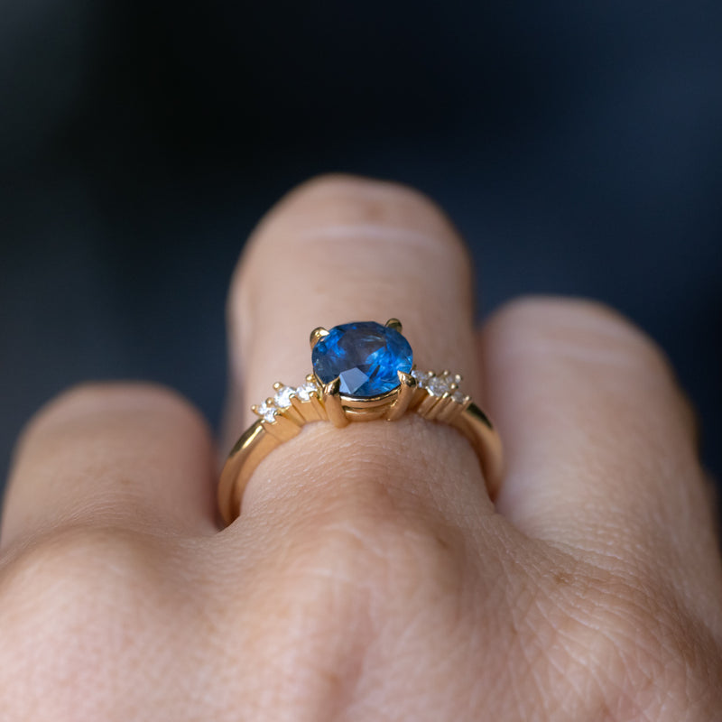 1.60ct Round Vibrant Blue Montana Sapphire and Diamond Starry Night Low Profile Solitaire in 18k Yellow Gold