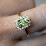 1.98ct Untreated Emerald Cut Parti Nigerian Sapphire Antique-Style Diamond Halo Ring in 14k Green Gold