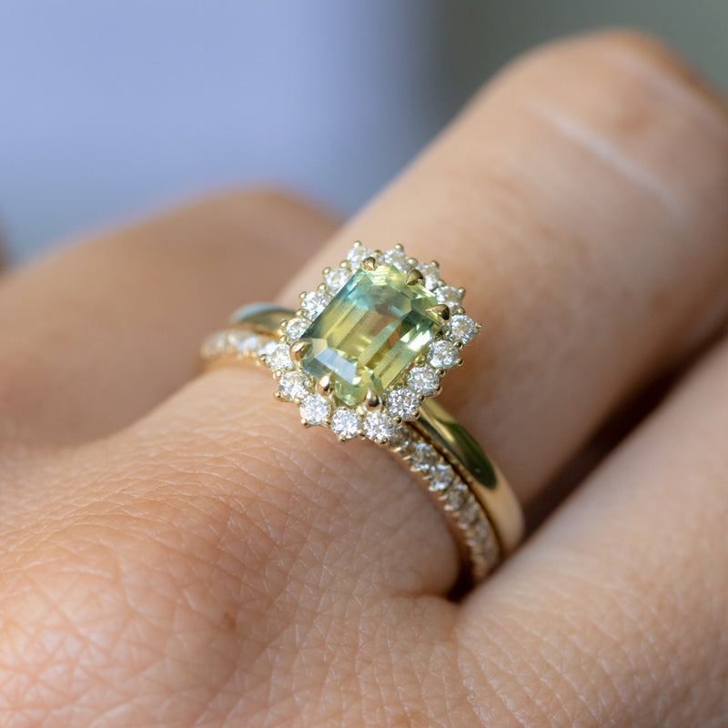 1.98ct Untreated Emerald Cut Parti Nigerian Sapphire Antique-Style Diamond Halo Ring in 14k Green Gold