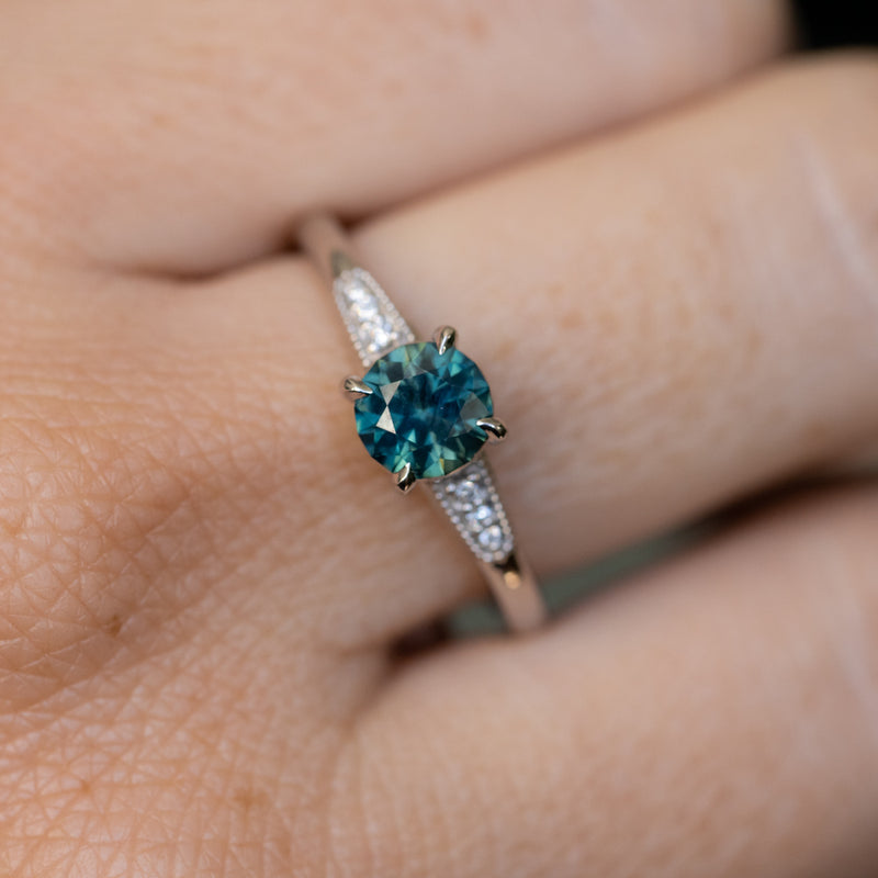 1.07ct Untreated Deep Teal Green Nigerian Sapphire Four Prong Low Profile Milgrain and Diamond Ring in 14k White Gold