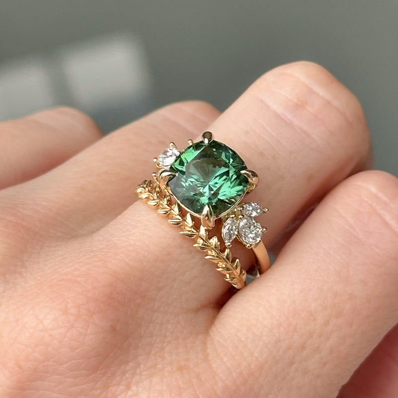 4.21ct Green Tourmaline and Lab Grown Marquise Diamond Cluster Ring in 14k Yellow Gold