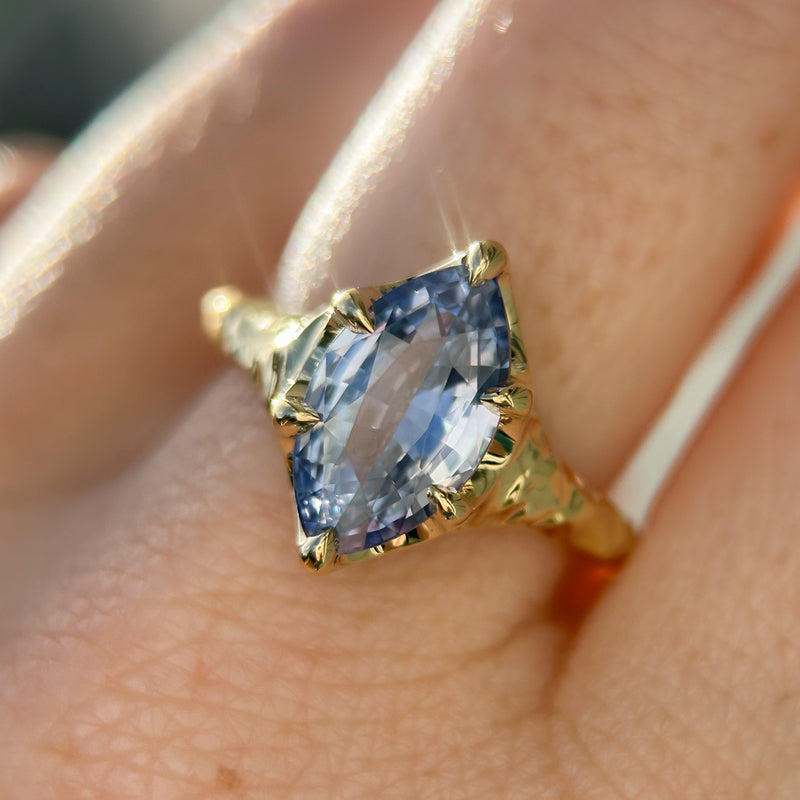 3.16ct Unheated Purple Madagascar Marquise Sapphire Evergreen Carved Low Profile 6 Prong Solitaire in 14k Yellow Gold