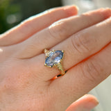 3.16ct Unheated Purple Madagascar Marquise Sapphire Evergreen Carved Low Profile 6 Prong Solitaire in 14k Yellow Gold