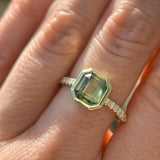 2.18ct Emerald Cut Parti Madagascar Sapphire Low Profile Bezel Solitaire Ring with Pavé Set Diamonds in 14k Green Gold