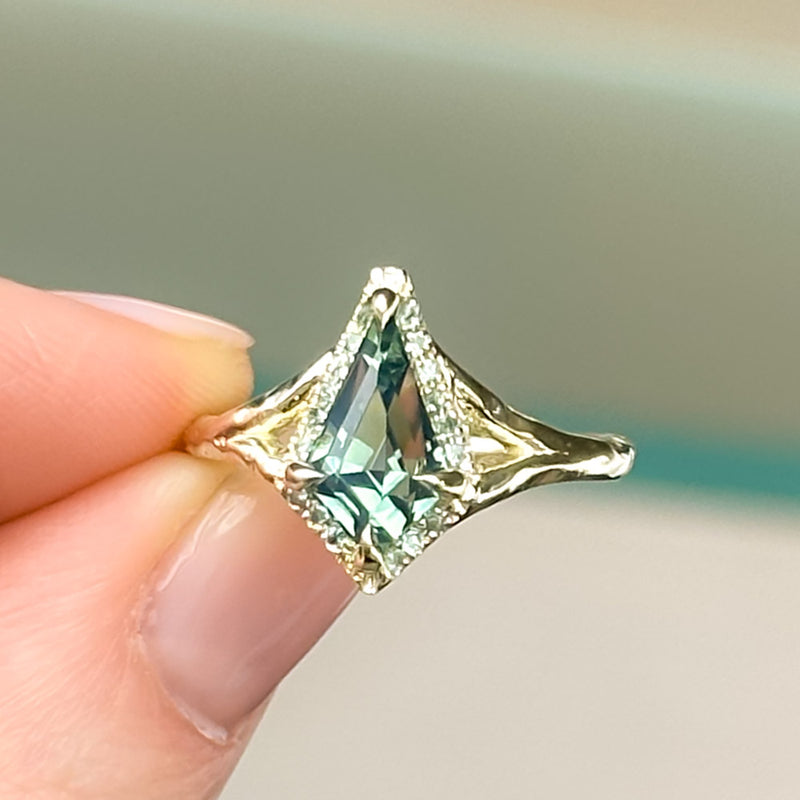 2.26ct Teal Kite Sapphire and Alexandrite Split Shank Low Profile Evergreen Halo in 14k Green Gold