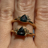0.78ct Teal Montana Sapphire and Genuine Antique Diamond Mountainscape Ring in 14k Evergreen Carved Yellow Gold