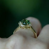 1.82ct Round Untreated Australian Green Sapphire and Diamond Asymmetrical Cluster Ring in 14k Green Gold