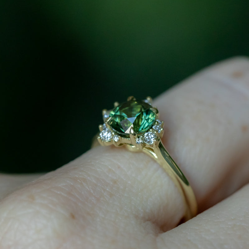 1.82ct Round Untreated Australian Green Sapphire and Diamond Asymmetrical Cluster Ring in 14k Green Gold