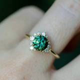 1.82ct Round Untreated Australian Green Sapphire and Diamond Asymmetrical Cluster Ring in 14k Green Gold