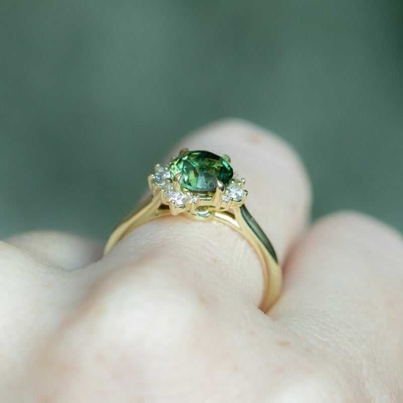 1.82ct Round Untreated Australian Green Sapphire and Diamond Asymmetrical Cluster Ring in 14k Green Gold