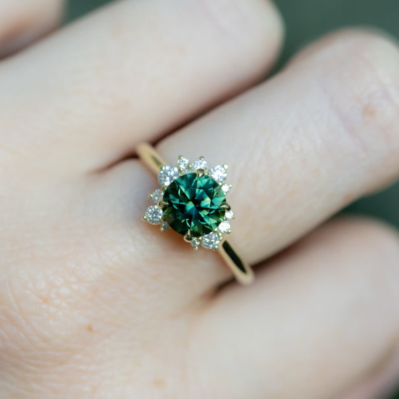 1.82ct Round Untreated Australian Green Sapphire and Diamond Asymmetrical Cluster Ring in 14k Green Gold