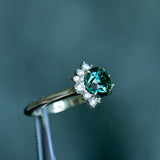 1.82ct Round Untreated Australian Green Sapphire and Diamond Asymmetrical Cluster Ring in 14k Green Gold