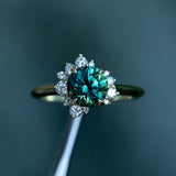 1.82ct Round Untreated Australian Green Sapphire and Diamond Asymmetrical Cluster Ring in 14k Green Gold