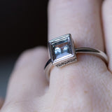 1.21ct Baguette Cut Blue-Grey Spinel and Diamond Low Profile Bezel Hidden Halo Solitaire Ring in Platinum