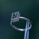 1.21ct Baguette Cut Blue-Grey Spinel and Diamond Low Profile Bezel Hidden Halo Solitaire Ring in Platinum