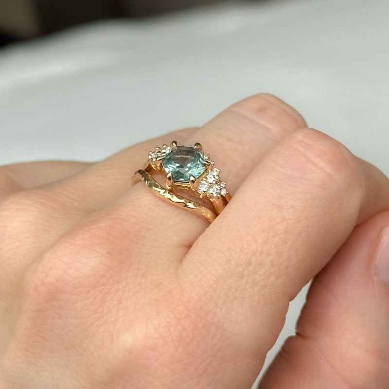 1.75CT Hexagon Teal Montana Sapphire and Diamond Cluster Evergreen Ring in 14k Yellow Gold
