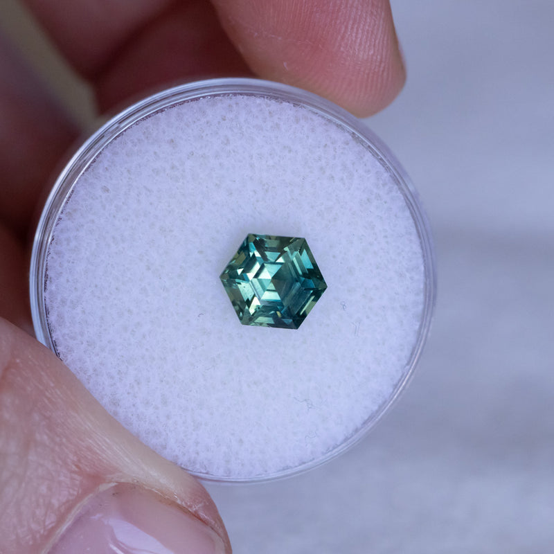 1.84CT HEXAGON MADAGASCAR SAPPHIRE, EMERALD GREEN AND TEAL, 7.2X6.2X4.9MM