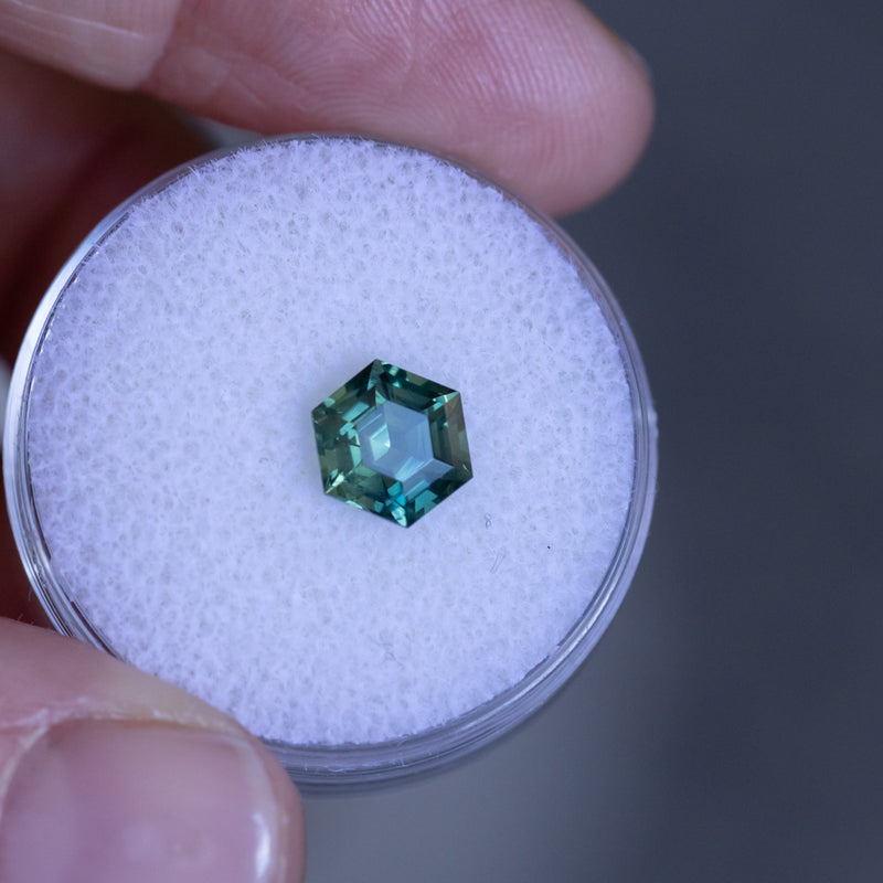 1.84CT HEXAGON MADAGASCAR SAPPHIRE, EMERALD GREEN AND TEAL, 7.2X6.2X4.9MM