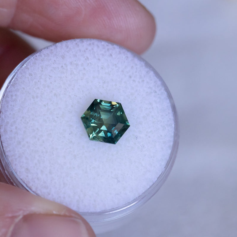 1.84CT HEXAGON MADAGASCAR SAPPHIRE, EMERALD GREEN AND TEAL, 7.2X6.2X4.9MM