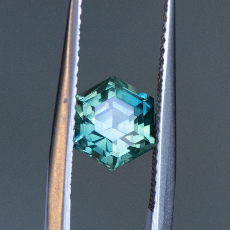 1.84CT HEXAGON MADAGASCAR SAPPHIRE, EMERALD GREEN AND TEAL, 7.2X6.2X4.9MM