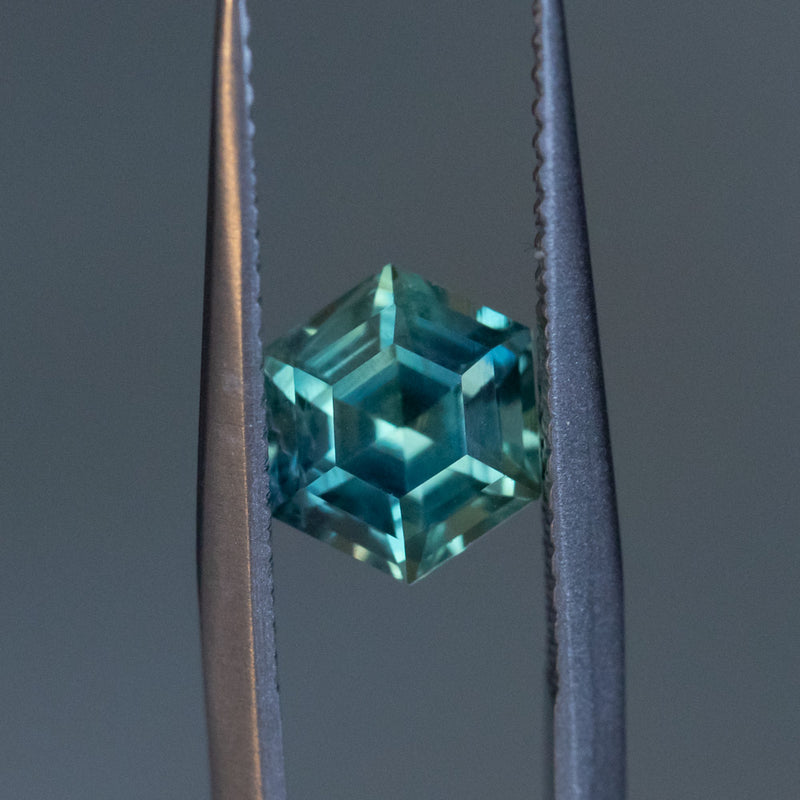 1.84CT HEXAGON MADAGASCAR SAPPHIRE, EMERALD GREEN AND TEAL, 7.2X6.2X4.9MM