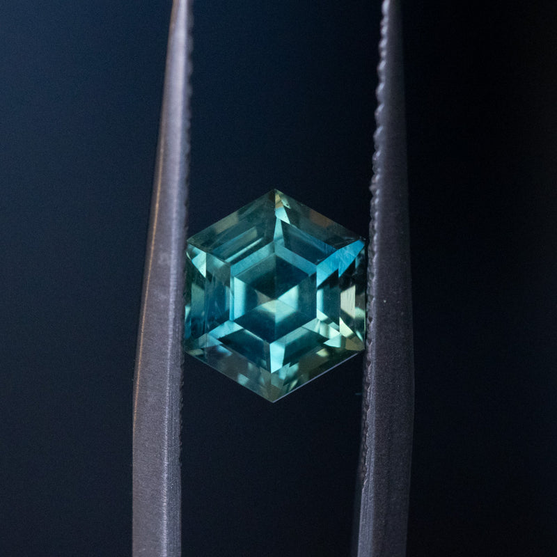 1.84CT HEXAGON MADAGASCAR SAPPHIRE, EMERALD GREEN AND TEAL, 7.2X6.2X4.9MM