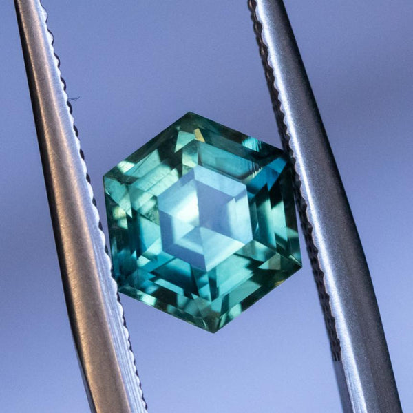 1.84CT HEXAGON MADAGASCAR SAPPHIRE, EMERALD GREEN AND TEAL, 7.2X6.2X4.9MM