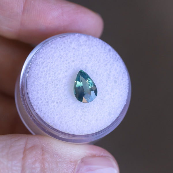 1.63CT MADAGASCAR PEAR SAPPHIRE, SILKY MEDIUM LIGHT TEAL GREEN, UNTREATED, 9.26X6.20X3.96MM