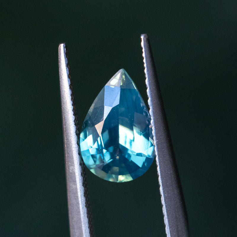 1.63CT MADAGASCAR PEAR SAPPHIRE, SILKY MEDIUM LIGHT TEAL GREEN, UNTREATED, 9.26X6.20X3.96MM