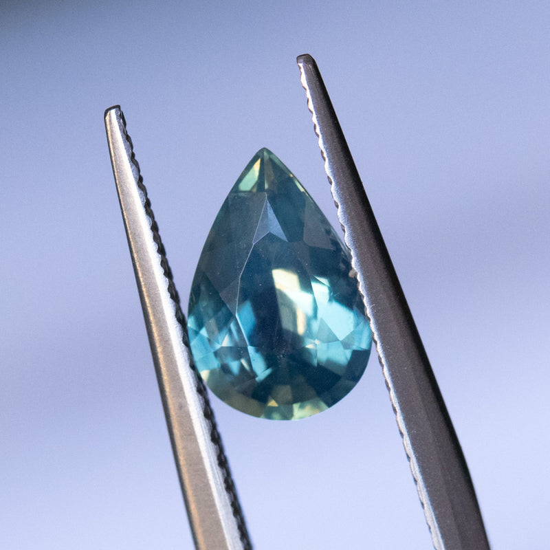 1.63CT MADAGASCAR PEAR SAPPHIRE, SILKY MEDIUM LIGHT TEAL GREEN, UNTREATED, 9.26X6.20X3.96MM