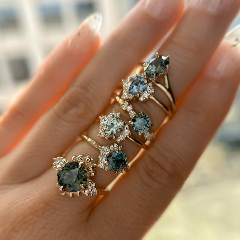 0.87ct Periwinkle Purple-Blue Round Montana Sapphire and Diamond Asymmetrical Cluster Ring in 14k Yellow Gold