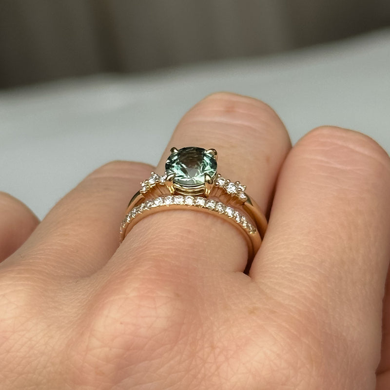 1.47ct Teal Green Grey Madagascar Sapphire and Diamond Starry Night Low Profile Solitaire in 14k Yellow Gold