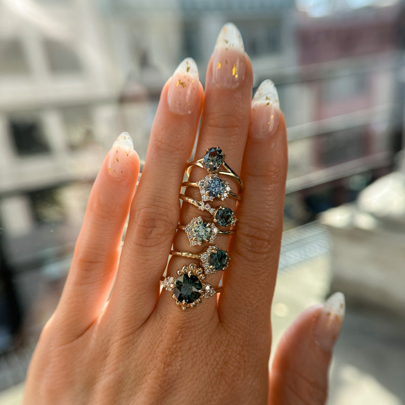 1.15ct Round Teal Montana Sapphire and Diamond Asymmetrical Cluster Ring in 14k Yellow gold with Evergreen Texture