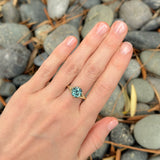 3.76ct Teal Round Sapphire Low Profile Six Prong Split Shank Solitaire in 14k Yellow Gold