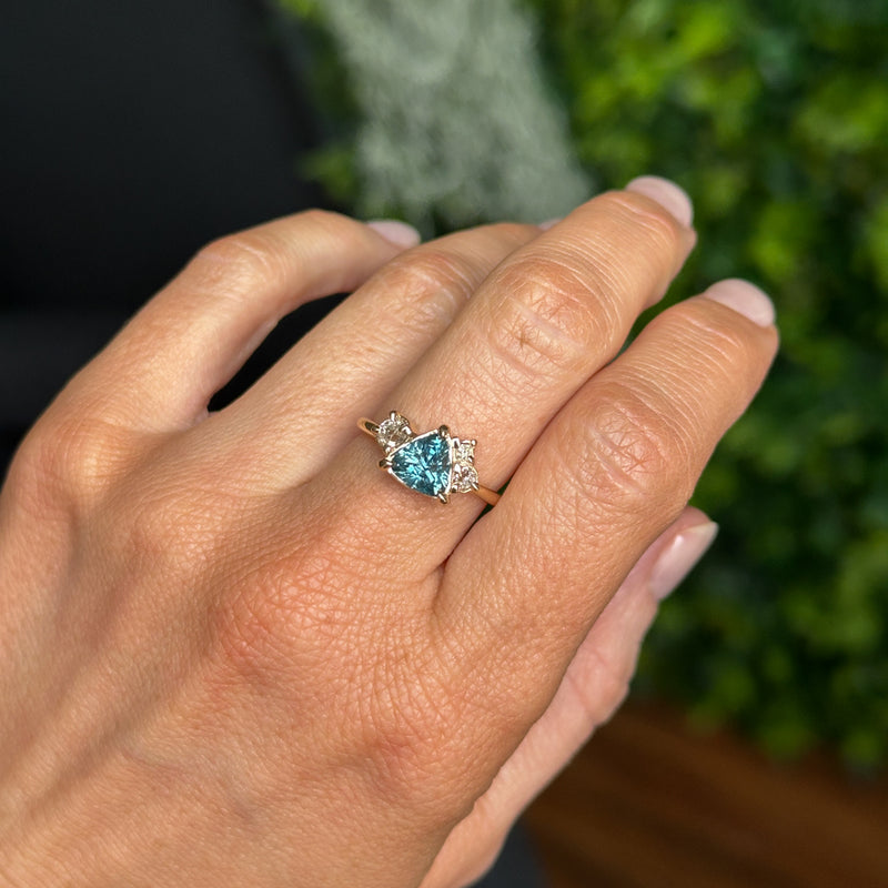 1.23ct Teal Montana Sapphire and Genuine Antique Diamond Mountainscape Ring in 14k Yellow Gold