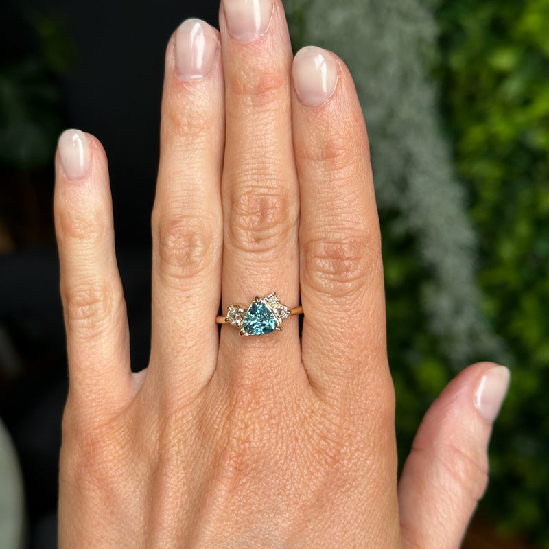 1.23ct Teal Montana Sapphire and Genuine Antique Diamond Mountainscape Ring in 14k Yellow Gold