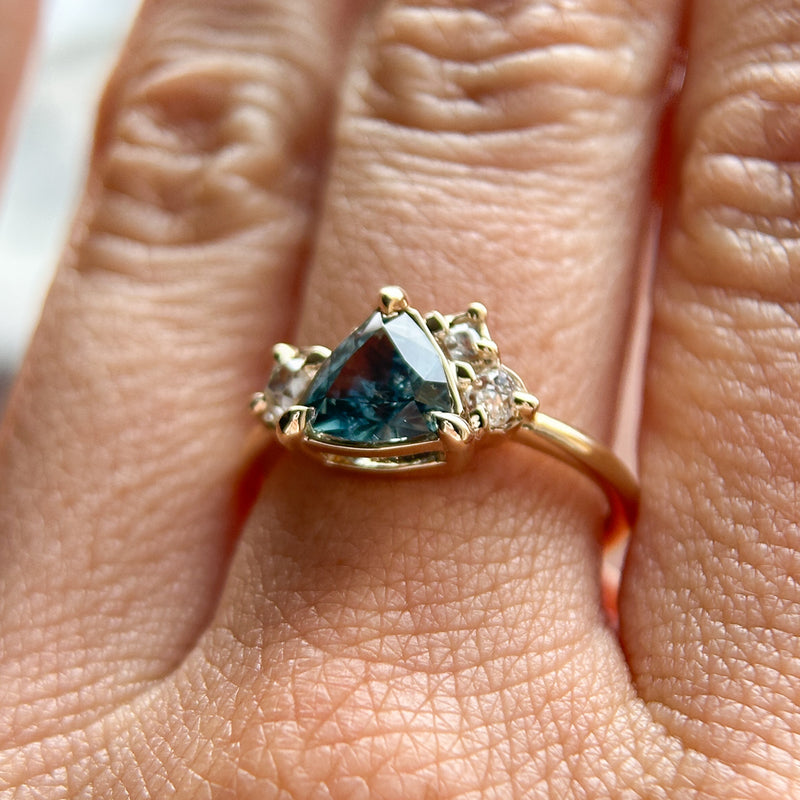1.23ct Teal Montana Sapphire and Genuine Antique Diamond Mountainscape Ring in 14k Yellow Gold