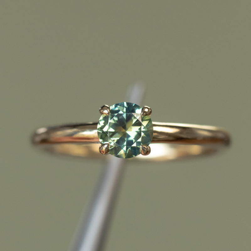 0.77ct Round Australian Parti Green Sapphire Low Profile 4 Prong Solitaire in 14k Yellow Gold