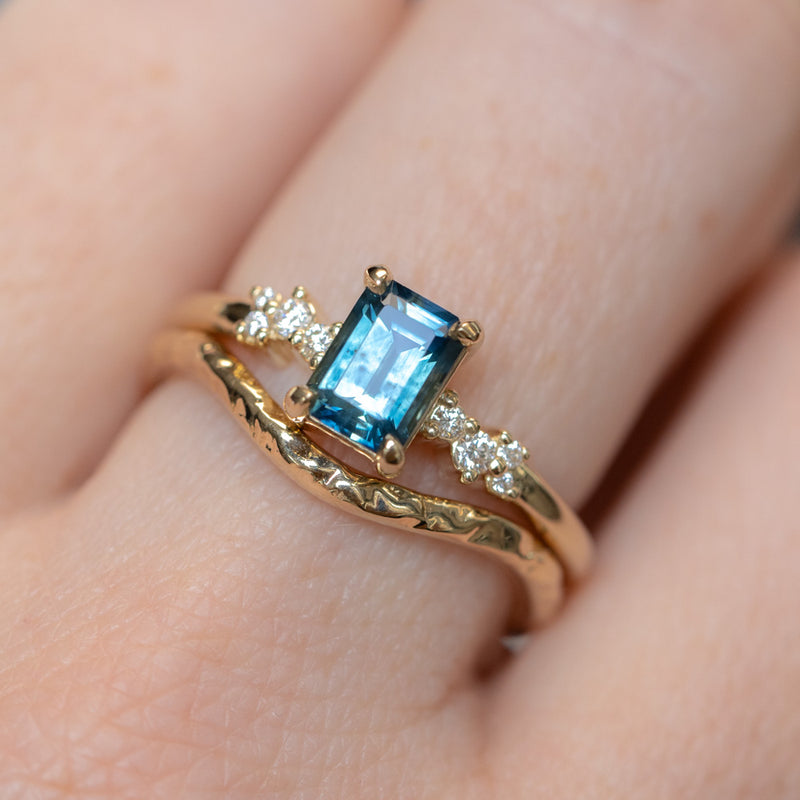 1.07ct Emerald Cut Parti Teal Montana Sapphire and Diamond Starry Night Low Profile Solitaire in 14k Yellow Gold