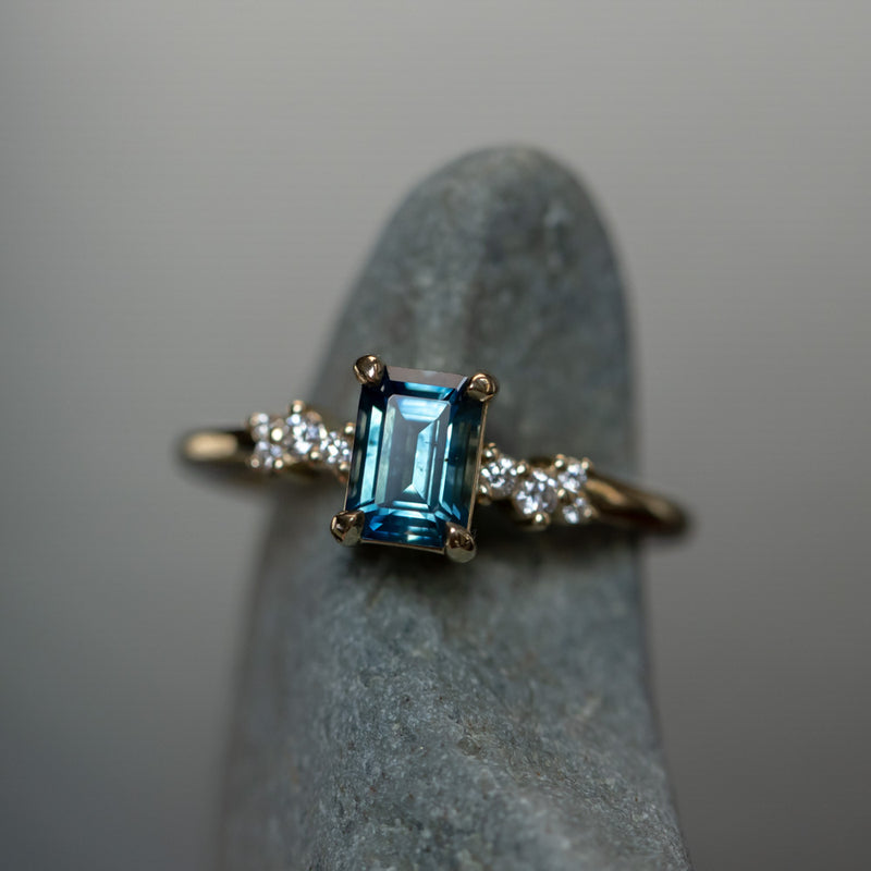 1.07ct Emerald Cut Parti Teal Montana Sapphire and Diamond Starry Night Low Profile Solitaire in 14k Yellow Gold