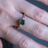 1.36ct Oval Montana Sapphire and Lab Diamond Three Stone Ring in 14K Yellow Gold with Evergreen Texture