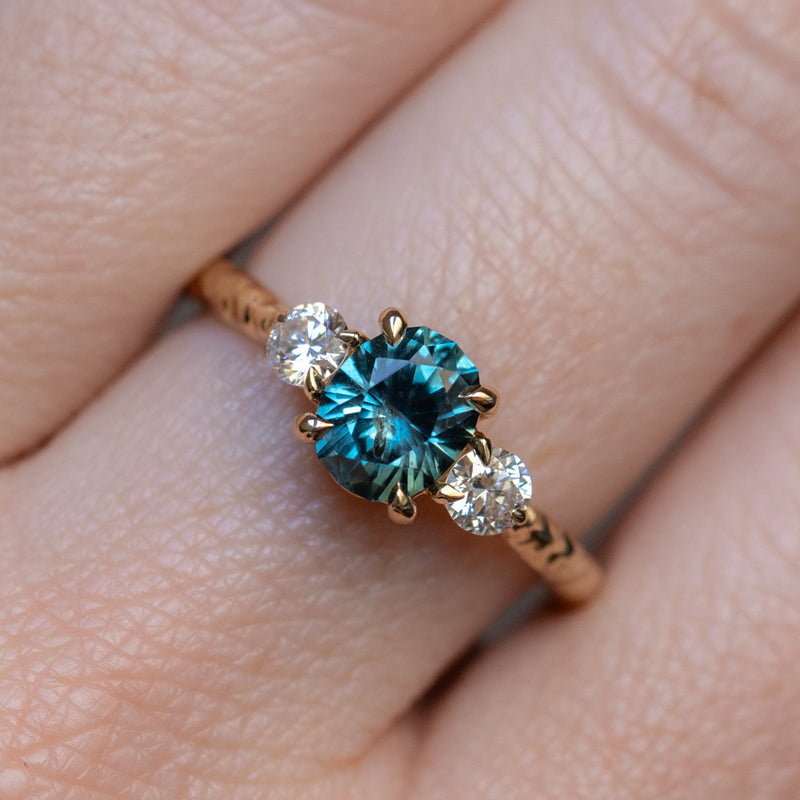 1.36ct Oval Montana Sapphire and Lab Diamond Three Stone Ring in 14K Yellow Gold with Evergreen Texture