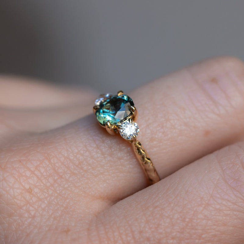 1.36ct Oval Montana Sapphire and Lab Diamond Three Stone Ring in 14K Yellow Gold with Evergreen Texture