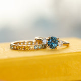 1.36ct Oval Montana Sapphire and Lab Diamond Three Stone Ring in 14K Yellow Gold with Evergreen Texture